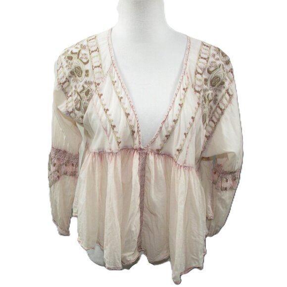 Rachel Zoe Pink Embroidered Boho Cropped Blouse Size Medium - Picture 1 of 9